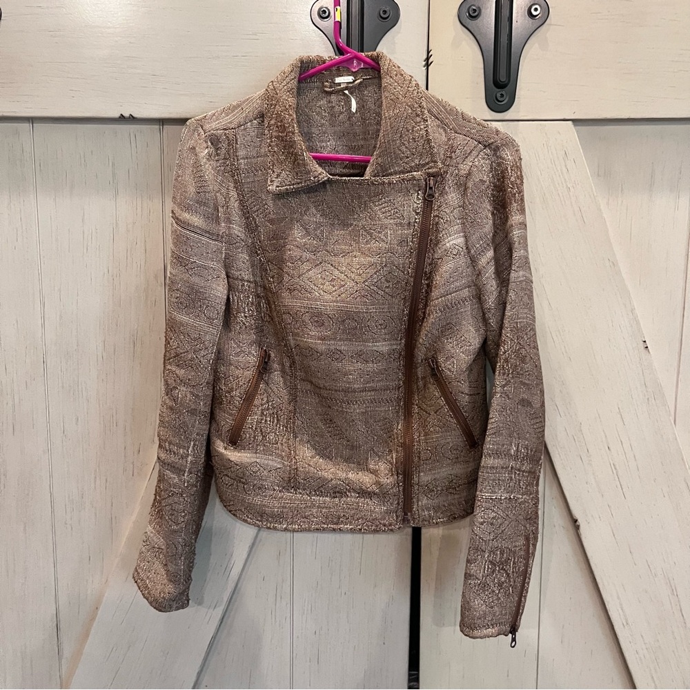 Free People Moto Jacket Brown Drape Front Open Front Open Distressed Size 8